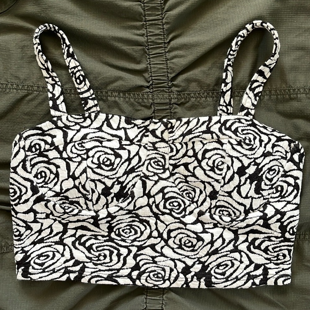 Vintage Monaco Corset Embroidered Floral Crop Bralette, Black/White, Size Medium